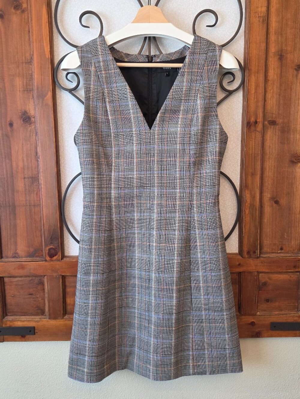 Theory Plaid Mini Dress in Black, Gray and Tan